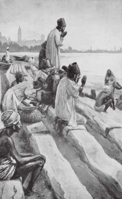 ボンベイの海岸で日の出を拝むパーシ人（リトグラフ） 作： Walter Paget