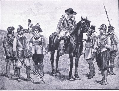 クロムウェリ軍の兵士の種類、1940年頃にWaverley社から出版された『The History of the British People』のイラスト（リトグラフ版 作： Walter Paget