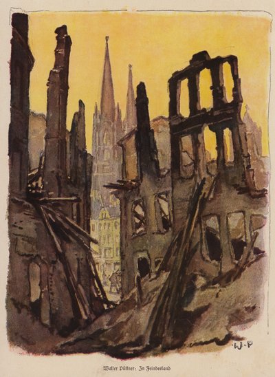 廃墟と化した街、第一次世界大戦（カラーリトグラフ） 作： Walter Puttner