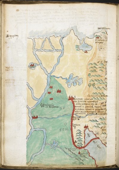 MS 57555、f.23v、北アフリカの地図、歴史的地名簿、図書館リストなどを含むノートから。 c.1606-08（紙に水彩） 作： Walter Raleigh
