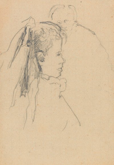 横向きの女の子の頭と胸像、男性の頭、前全体、後ろ（黒鉛紙） 作： Walter Richard Sickert