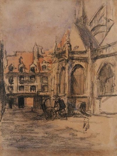 サント・カトリーヌ通りと古いアーケード、ディエップ、1900年頃（木炭・水彩画） 作： Walter Richard Sickert