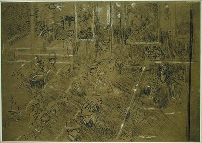 The Old Middlesex」の観客の習作 c.1906-07（茶色の紙に茶色と白のクレヨン、ペン、黒インク）。 作： Walter Richard Sickert