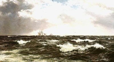 海中に浮かぶ船のある海景 作： Walter Shaw