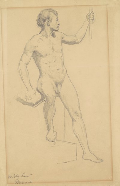 座る男性のヌード、c.1870-77（織り紙に黒鉛） 作： Walter Shirlaw