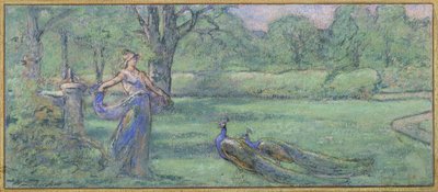庭で孔雀を持つ女性 作： Walter Shirlaw
