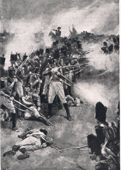 キャッセル、ロンドン、c.1910によって発行された「陸と海のイギリスの戦い」からのイラスト、28連隊が「バックナンバー」を獲得した方法 作： Walter Stanley Paget