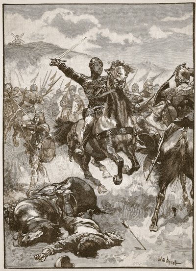 クレシーの戦いでの黒王子、「カッセルの図解されたイングランドの歴史」（セピア写真）のイラスト 作： Walter Stanley Paget