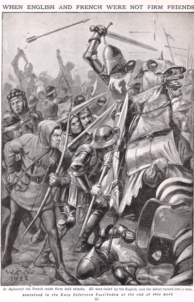 フランス語と英語がアジャンクールで戦ったときのイラスト「ニューネスピクトリアルブックオブナレッジ」、1920年頃 作： Walter Stanley Paget