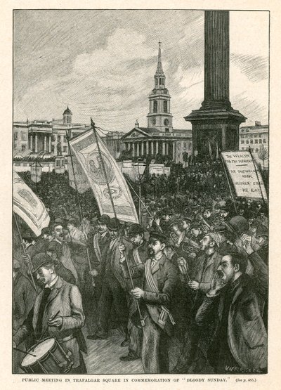 血の日曜日を記念してトラファルガー広場で開かれた市民集会（エングレーヴィング） 作： Walter Westley Russell