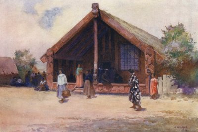 ニュージーランド彫りの深い家、オヒネムトゥ（カラーリトグラフ） 作： Walter Wright