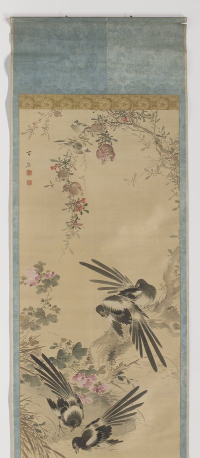 カササギ、ザクロ、ハイビスカス カササギ、ザクロ、ハイビスカスの巻物 作： Wang Ying