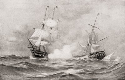 1812年の戦争中、ノバスコシア州ハリファックスの南東約400マイルにあるUSSコンスティテューションとHMSゲリエールの間の戦闘は、1905年に発表された私たちの国の歴史からのものです。 作： Warren Sheppard