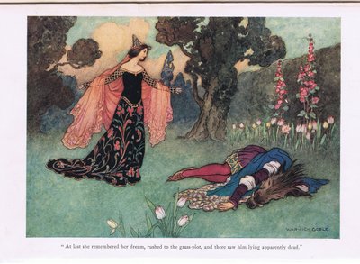 ついに彼女は自分の夢を思い出し、草地に駆けつけ、そこで彼が見かけ上死んでいるのを見た」、「ハッチンソンの国家の歴史」、c.1910のイラスト 作： Warwick Goble