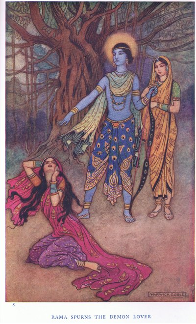 悪魔の恋人を追い返すラーマ（カラーリトグラフ 作： Warwick Goble
