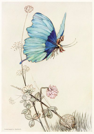 The Fairy Book より、蝶は翼を取り、小さなトムを背中に乗せて空中に飛び出しました。 作： Warwick Goble