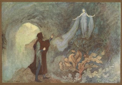 チェネレントラより、洞窟で王子に現れる妖精。 作： Warwick Goble