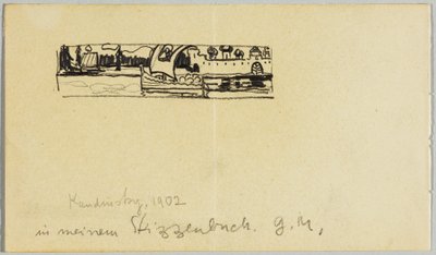 ボートと城壁都市のある川の風景 作： Wassily Kandinsky