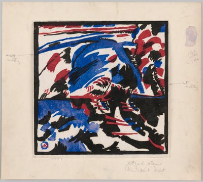 Holzschnitt zu dem Gemälde "Kahnfahrt" (Probedruck mit Anweisungen für Kandinskys Buch "Klänge" (1912), S. 49) 作： ワシリー・カンディンスキー