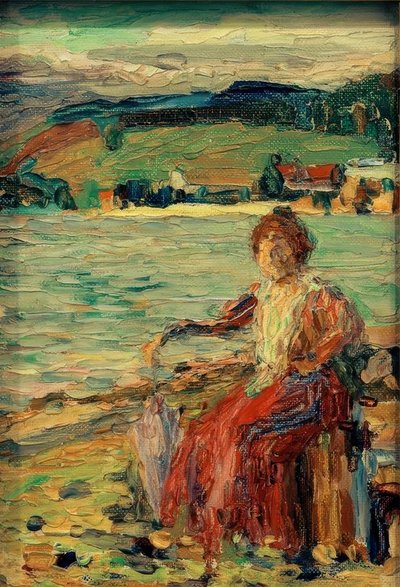 湖畔の赤いドレスを着て 作： Wassily Kandinsky