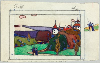中世の衣装を着たカップルのいる風景、裏面: 甲冑を着た騎士の断片 作： Wassily Kandinsky