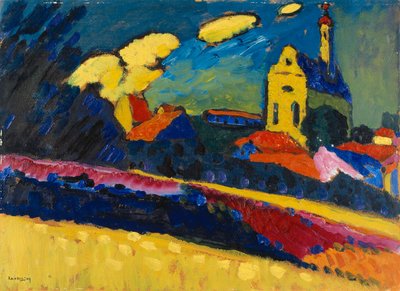 ムルナウのための研究 - 教会のある風景、1909年。 作： Wassily Kandinsky