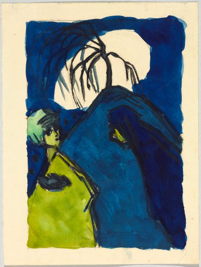木と白い雲のある丘の前の二人の人物；出会い 作： Wassily Kandinsky