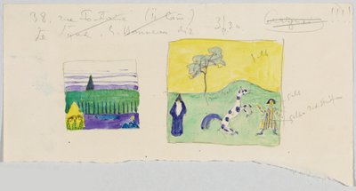 人物のいる二つの風景、別名「調教と黄色い三角形の中の三人の人物のいる風景」 作： Wassily Kandinsky