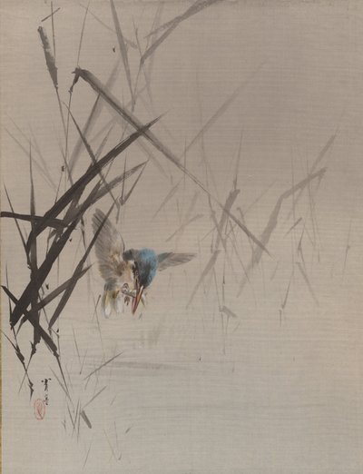 葦の間で魚を捕る鳥、ca。 1887。 作： Watanabe Seitei