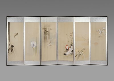 屏風のペア：12か月の花、1900年頃（紙にインクと色） 作： Watanabe Seitei