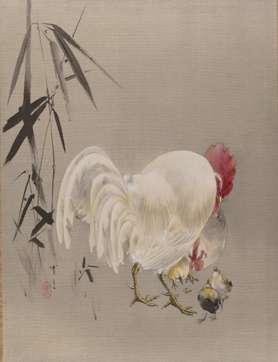 オンドリと鶏と鶏、ca。 1887。 作： Watanabe Seitei