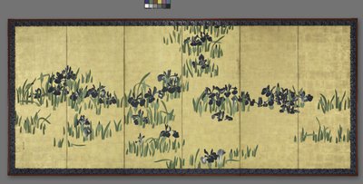 アイリス、6分割スクリーンのペアの1つ、1700年代 作： Watanabe Shiko