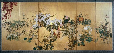秋冬花卉図屏風 18世紀初頭 作： Watanabe Shiko