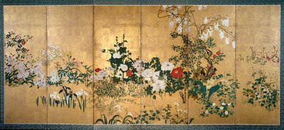 春と夏の花の屏風、18世紀初頭 作： Watanabe Shiko