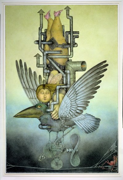 綱渡りの機械仕掛けの鳥の上でバランスをとる少女（紙に鉛筆、カラークレヨン） 作： ウェイン・アンダーソン