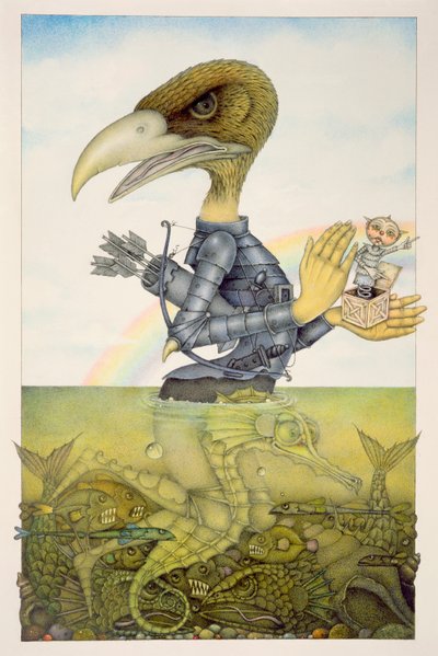 海馬に乗った鎧の鳥（紙に鉛筆とカラークレヨン）（150071のペア） 作： ウェイン・アンダーソン