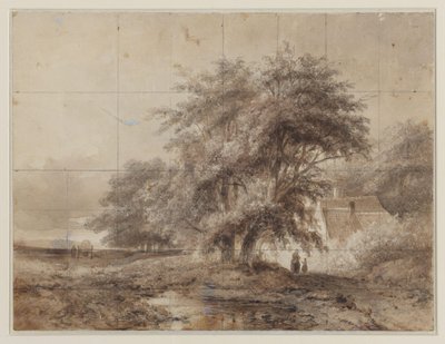 右側の木の下に農場があり、その前に女性と子供がいる風景 作： Weissenbruch (workshop of)