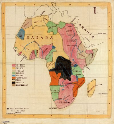 The Wells Missionary Map Co.、シカゴ、プレーリー アベニュー 3612、著作権申請中。 クロスマップ。 ペンとインク、鉛筆、クレヨン、水彩。 地名、凡例の名前、座標が機械的に黒インクで描かれています。 I. 図書館からも入手可能 作： Wells Missionary Map Co.
