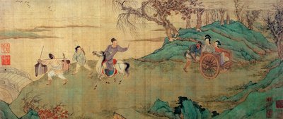 スチューデントチャンビディングレストパビリオンで恋人のインインに別れを告げる、「Xi Xiang Ji」のイラストの詳細 作： Wen Zhengming