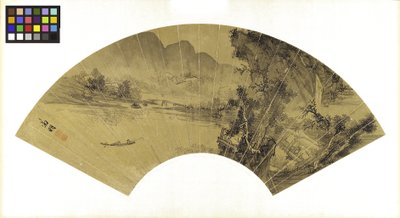 湖、橋、漁師のいる風景、16世紀（シルクパネルに金の紙にインクを塗ったもの） 作： Wen Zhengming
