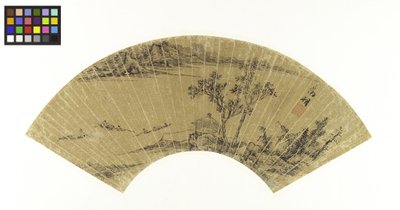 湖と3つのボートのある風景、16世紀（ボードに取り付けられた金の紙にインク） 作： Wen Zhengming