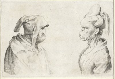 垂れ下がった帽子をかぶった男性と髪を結った女性のデフォルメ頭部 Varie figurae et probae (シリーズタイトル) レオナルド ダ ヴィンチ (シリーズ タイトル) の似顔絵、頭部、奇形 作： Wenceslaus Hollar (attributed to)