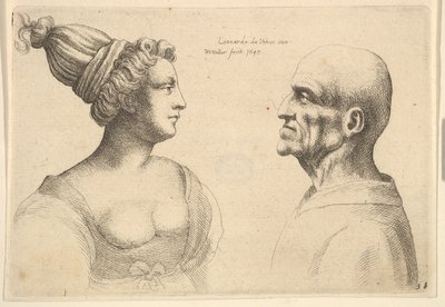 髪を後ろで結んだ女性とハゲの男性が向かい合っている、1645。 作： Wenceslaus Hollar
