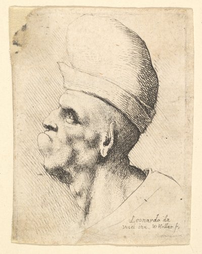 左側のプロファイルに球根の帽子を被った変形した男の胸像、1625-77。 作： Wenceslaus Hollar