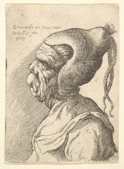 1665年、左側に円錐形の帽子と垂れ下がった2つのひだを持つ、変形した女性の胸像。 作： Wenceslaus Hollar