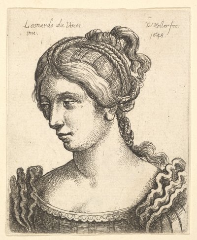 1648年に精巧に装飾された髪で左下を向いた女性の胸像。 作： Wenceslaus Hollar