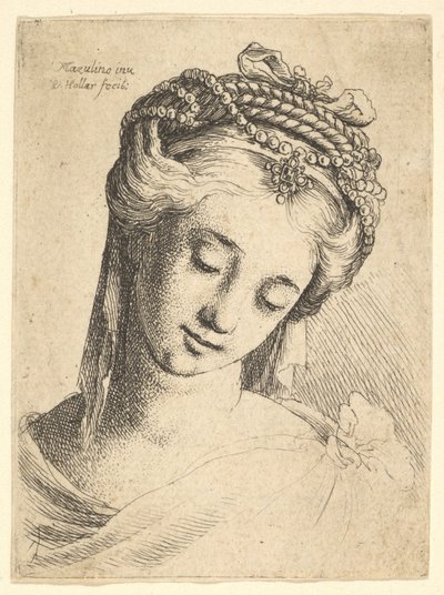 見下ろしている精巧な頭飾りを持つ若い女性の胸像、1625-77。 作： Wenceslaus Hollar
