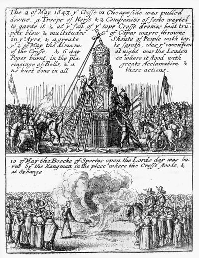 チープサイド・クロスの破壊、跡地で焼かれた「スポーツの書」。 作： Wenceslaus Hollar