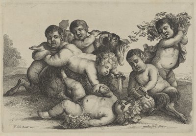 3 人の男の子、2 人のサテュロス、ヤギのバッチェ プッティとサテュロス（シリーズ名） 作： Wenceslaus Hollar