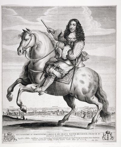 チャールズ2世の乗馬の肖像画（1630〜85年）、風景あり、1670年頃公開 作： Wenceslaus Hollar